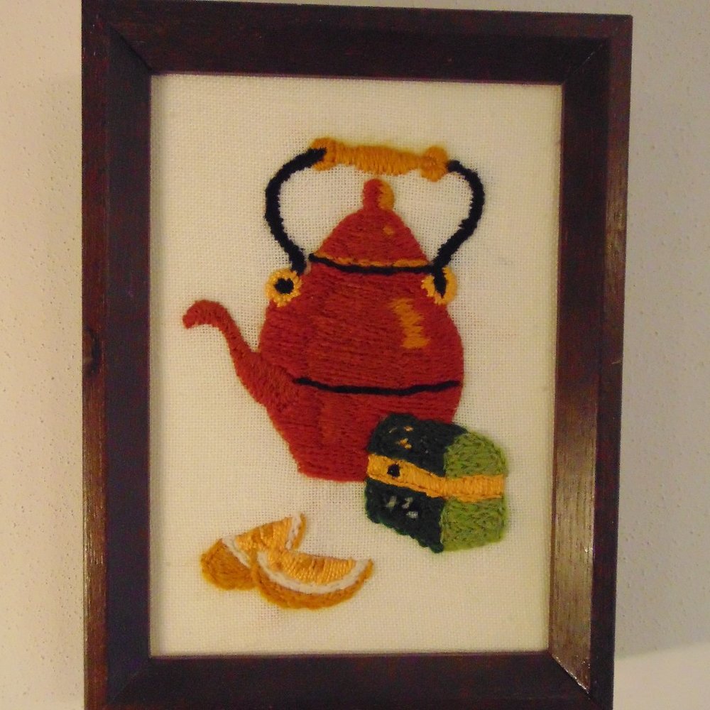 Vintage Tea Kettle and Tea Bag Box, Crewel, Wood Frame, 8x6